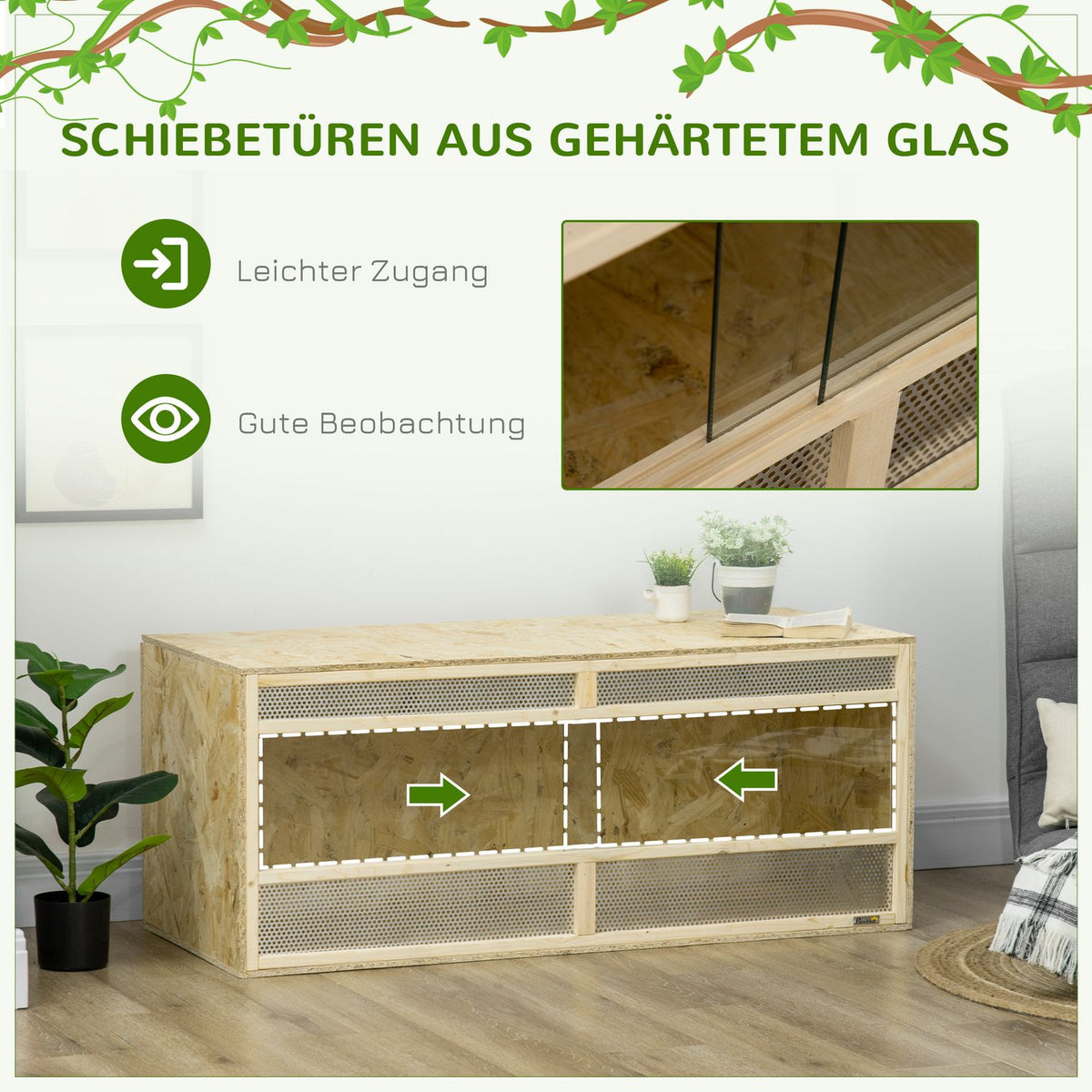 Glass terrarium, 120 x 50 x 50 cm, thermostatic, robust, with ventilation grille, sliding door, for snakes, spiders, OSB board, natural wood
