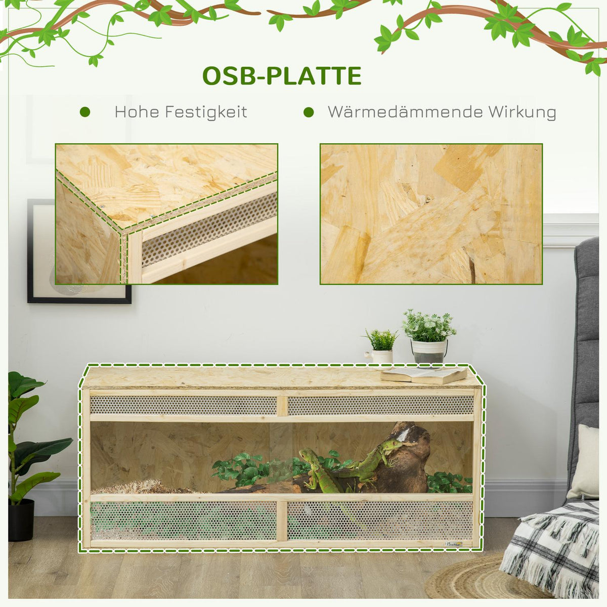 Glass terrarium, 120 x 50 x 50 cm, thermostatic, robust, with ventilation grille, sliding door, for snakes, spiders, OSB board, natural wood