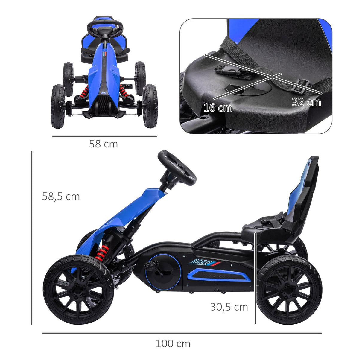 Go-Kart, Children'S Vehicle With Adjustable Seat, Pedal Vehicle, Pedal Car With Handbrake, Kettcar For Children Aged 3-8 Years, Blue