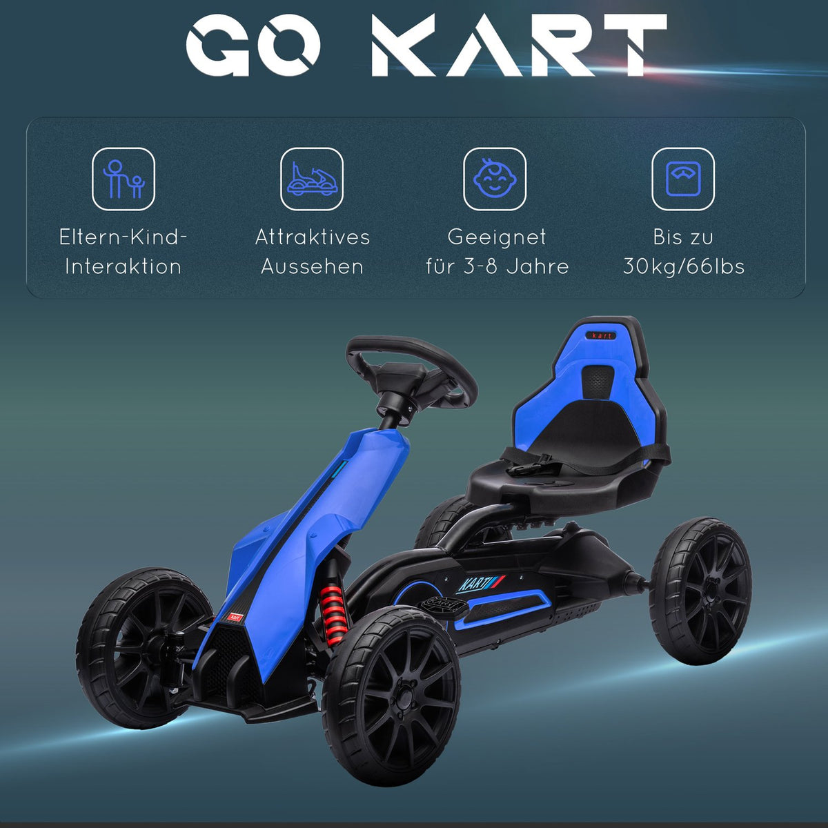 Go-Kart, Children'S Vehicle With Adjustable Seat, Pedal Vehicle, Pedal Car With Handbrake, Kettcar For Children Aged 3-8 Years, Blue