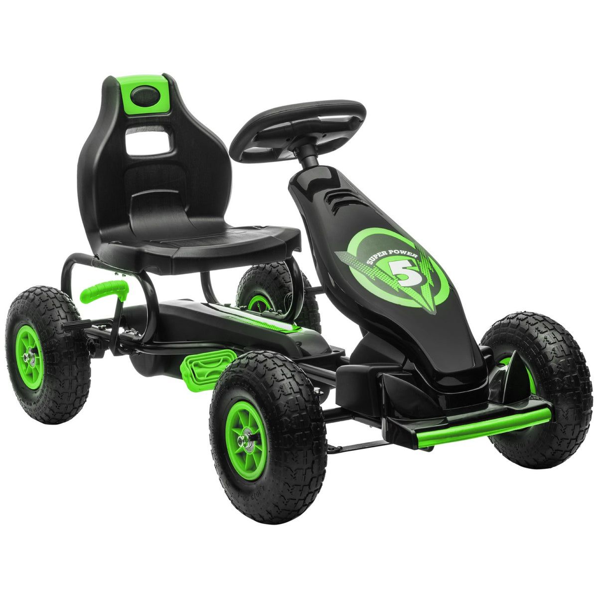 Go-Kart Children'S Vehicle With Adjustable Seat, Rubber Tires, Pedal & Handbrake, From 5 Years, Green + Black