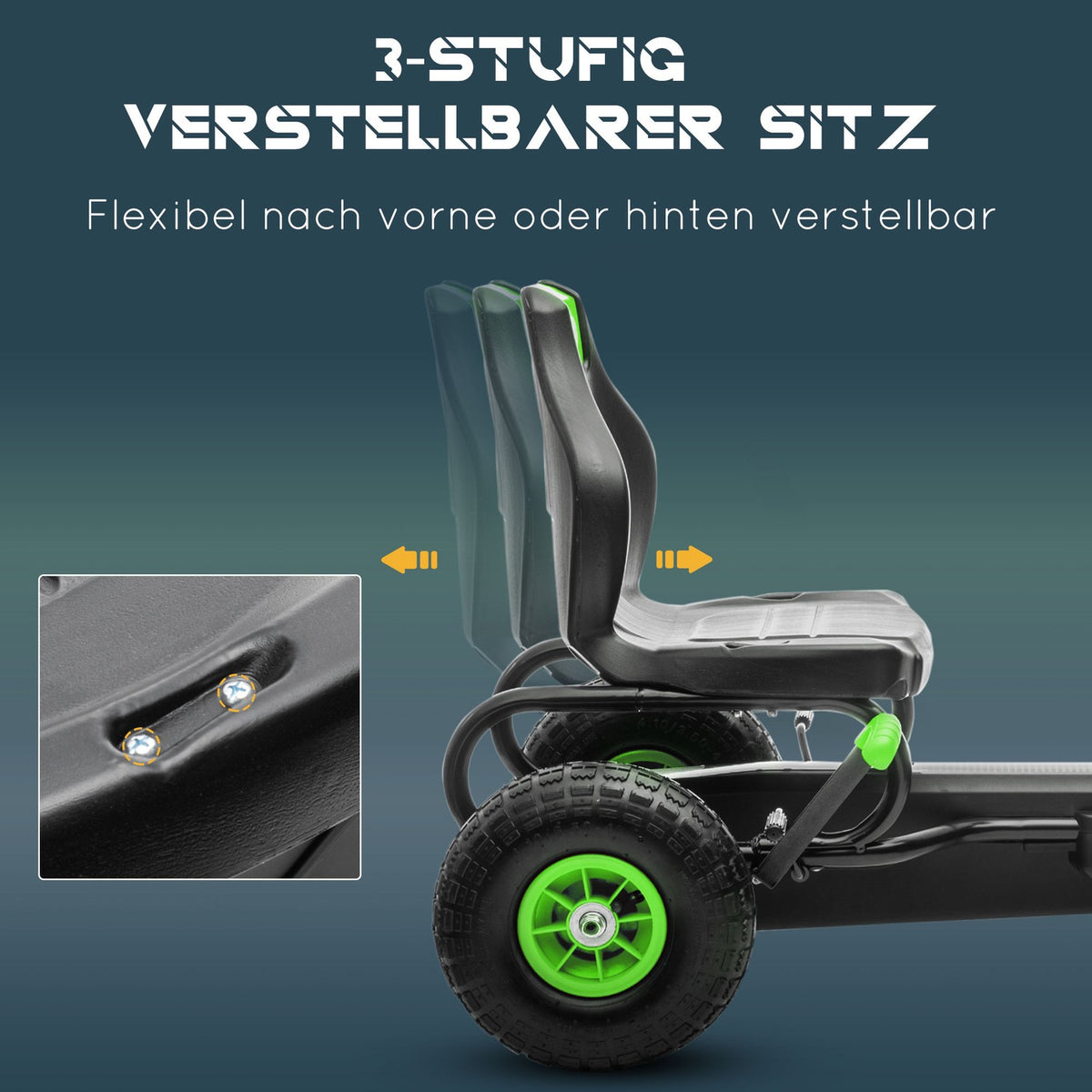 Go-Kart Children'S Vehicle With Adjustable Seat, Rubber Tires, Pedal & Handbrake, From 5 Years, Green + Black