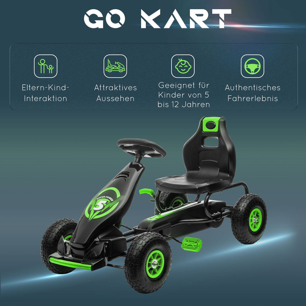 Go-Kart Children'S Vehicle With Adjustable Seat, Rubber Tires, Pedal & Handbrake, From 5 Years, Green + Black