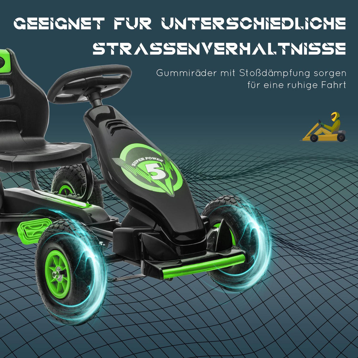 Go-Kart Children'S Vehicle With Adjustable Seat, Rubber Tires, Pedal & Handbrake, From 5 Years, Green + Black