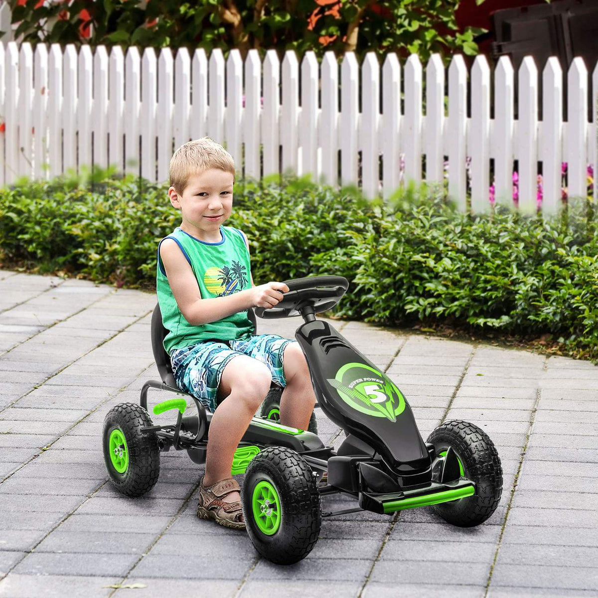 Go-Kart Children'S Vehicle With Adjustable Seat, Rubber Tires, Pedal & Handbrake, From 5 Years, Green + Black