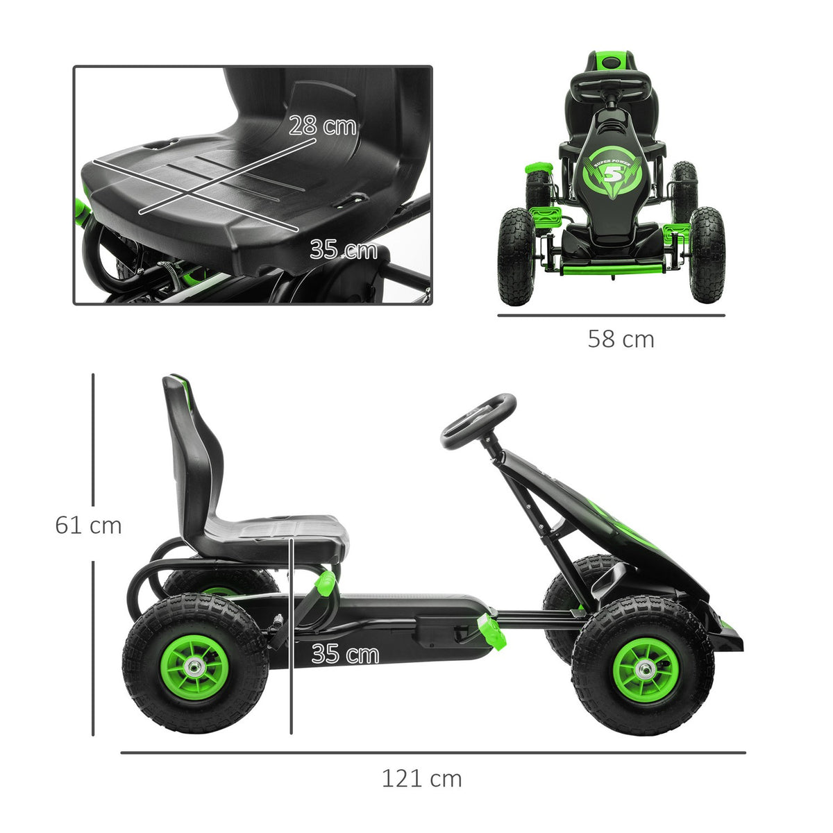 Go-Kart Children'S Vehicle With Adjustable Seat, Rubber Tires, Pedal & Handbrake, From 5 Years, Green + Black