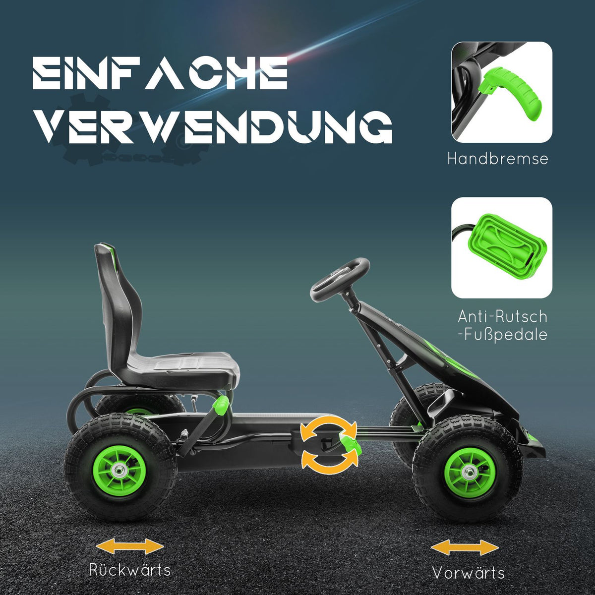 Go-Kart Children'S Vehicle With Adjustable Seat, Rubber Tires, Pedal & Handbrake, From 5 Years, Green + Black