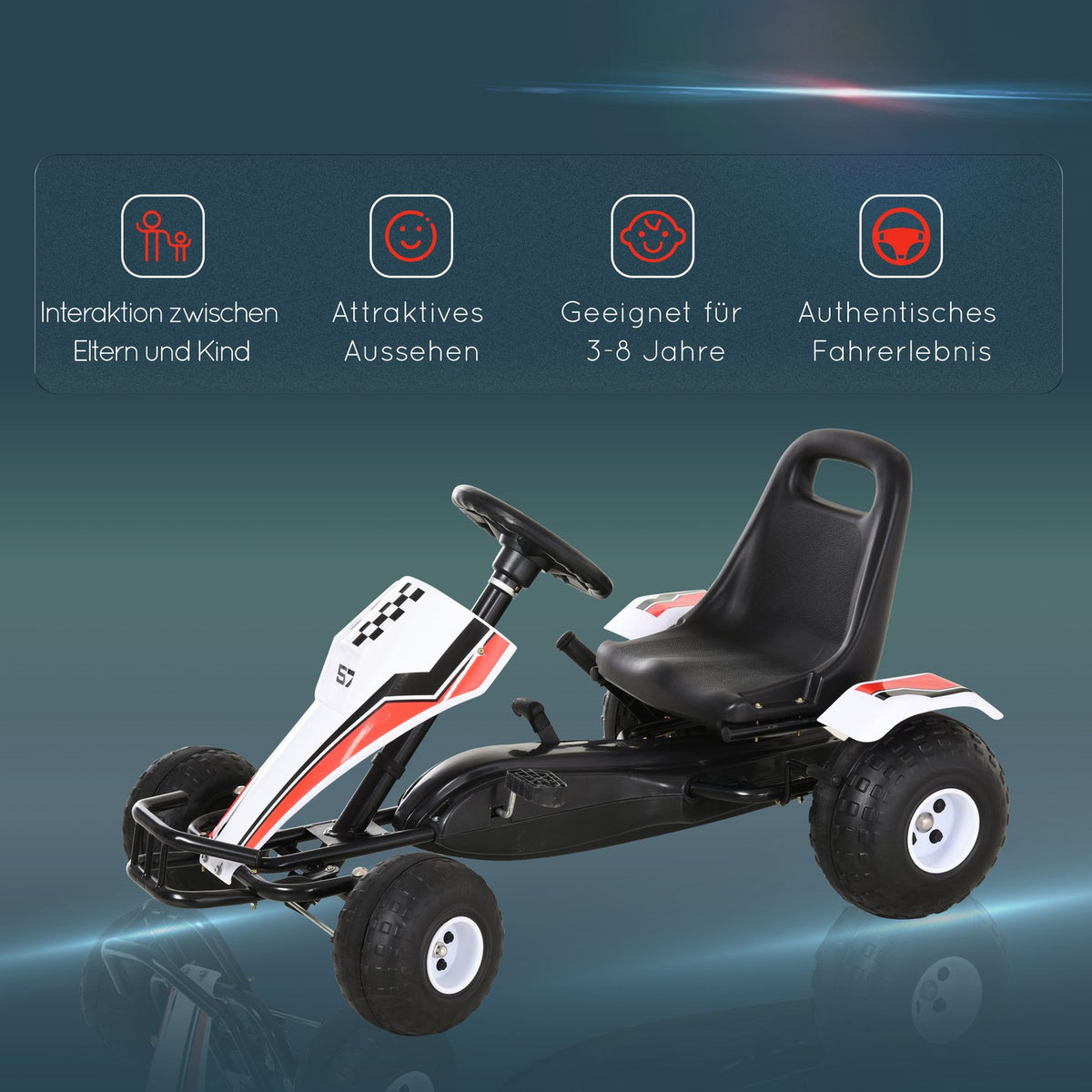 Go Kart For Children Pedal Car With Pedal & Brakes, Steel Construction, White, 104X66X57Cm, For 3-8 Years