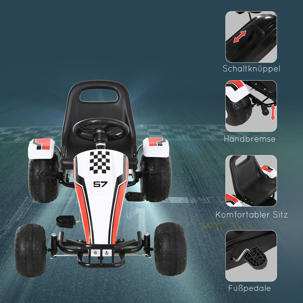 Go Kart For Children Pedal Car With Pedal & Brakes, Steel Construction, White, 104X66X57Cm, For 3-8 Years