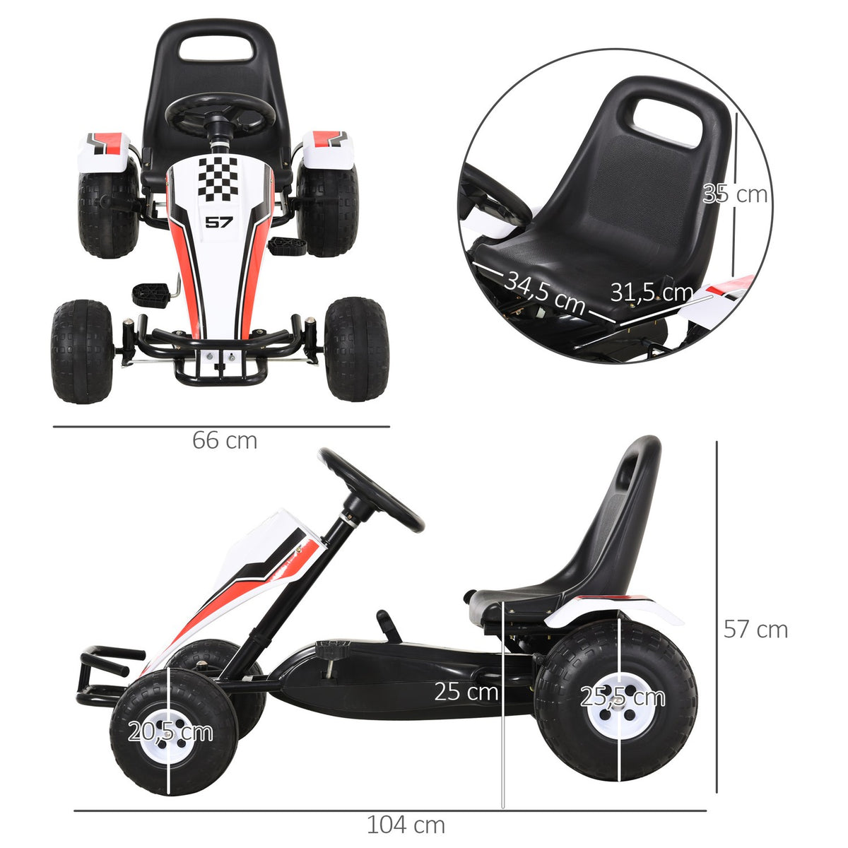 Go Kart For Children Pedal Car With Pedal & Brakes, Steel Construction, White, 104X66X57Cm, For 3-8 Years
