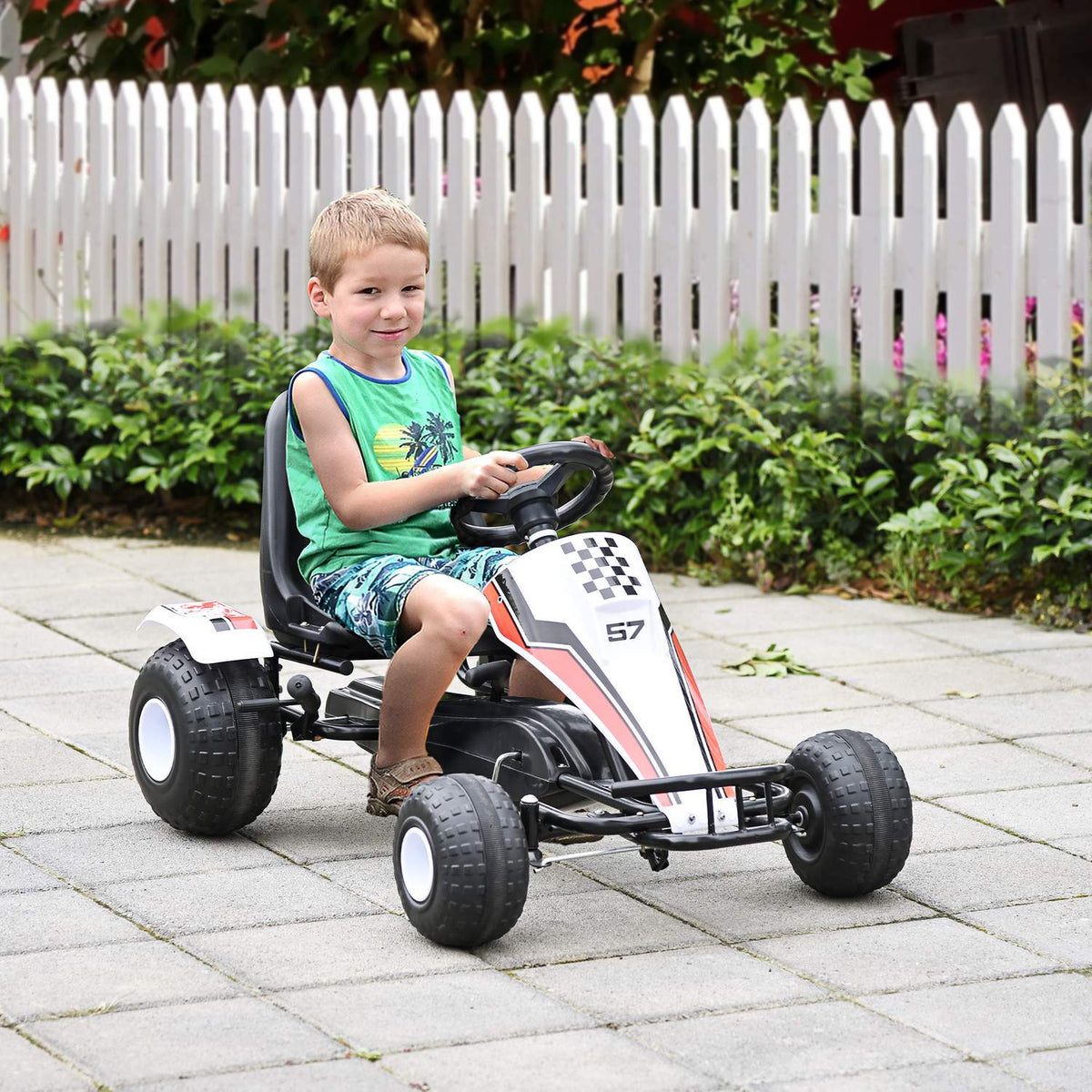 Go Kart For Children Pedal Car With Pedal & Brakes, Steel Construction, White, 104X66X57Cm, For 3-8 Years