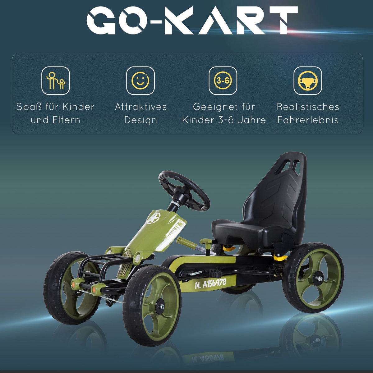 Go Kart Pedal Car Pedal Vehicle with Handbrake Adjustable Seat from 3 Years Green 105 x 54 x 61 cm