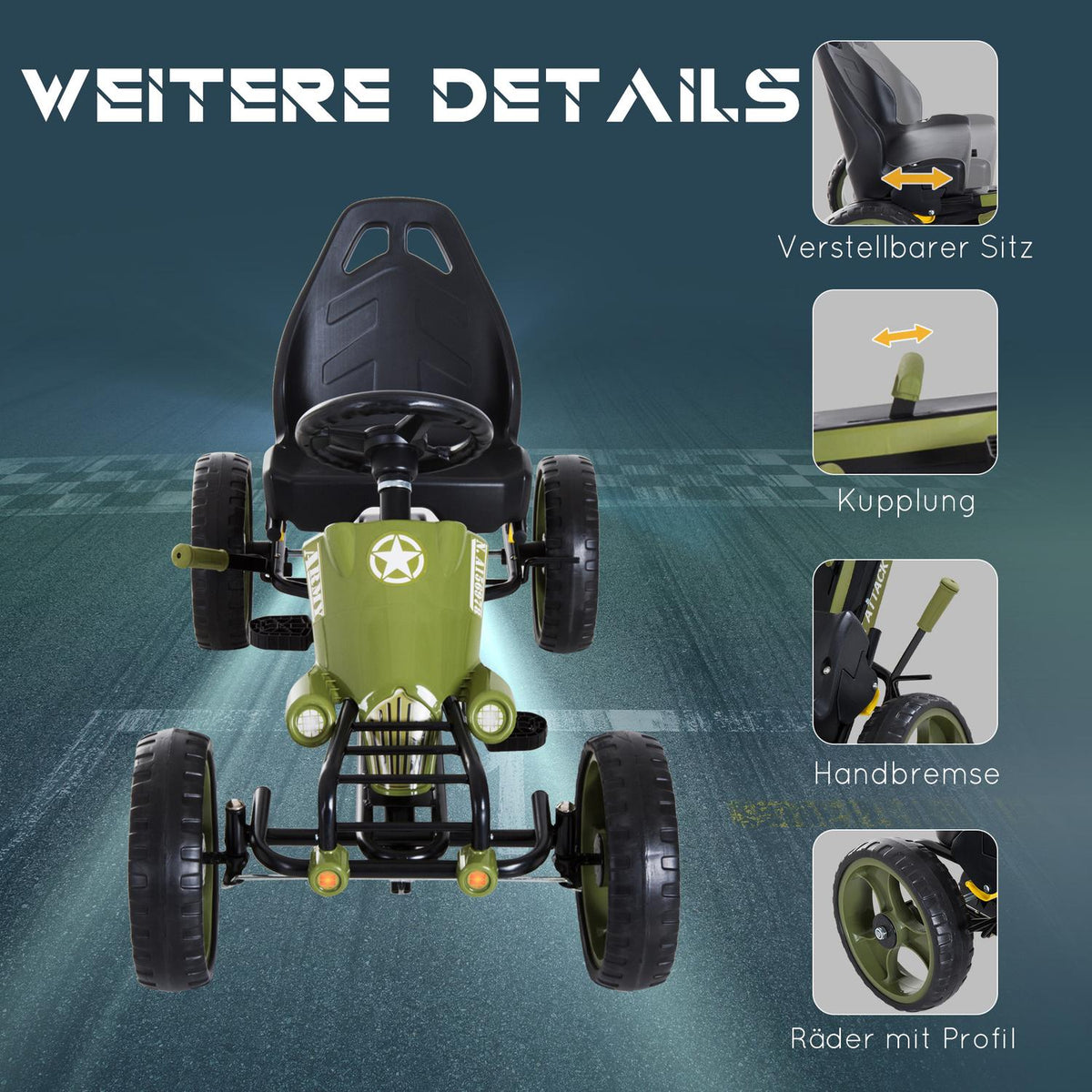 Go Kart Pedal Car Pedal Vehicle with Handbrake Adjustable Seat from 3 Years Green 105 x 54 x 61 cm