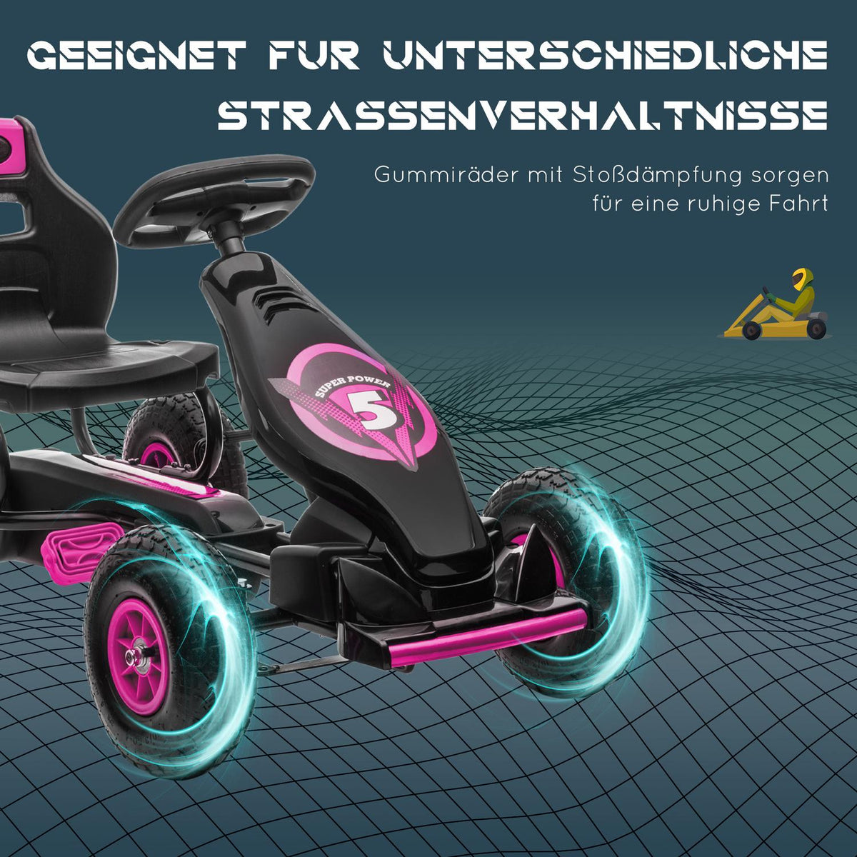 Go-kart, children's vehicle with adjustable seat, pedal vehicle with rubber tires, pedal and handbrake, Kettcar for 5-12 years children, outdoor, pink