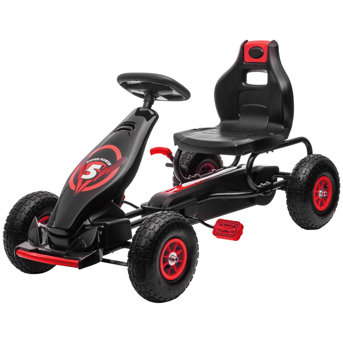 Go-kart, children's vehicle with adjustable seat, pedal vehicle with rubber tires, pedal, handbrake, for 5-12 years, outdoor, red + black