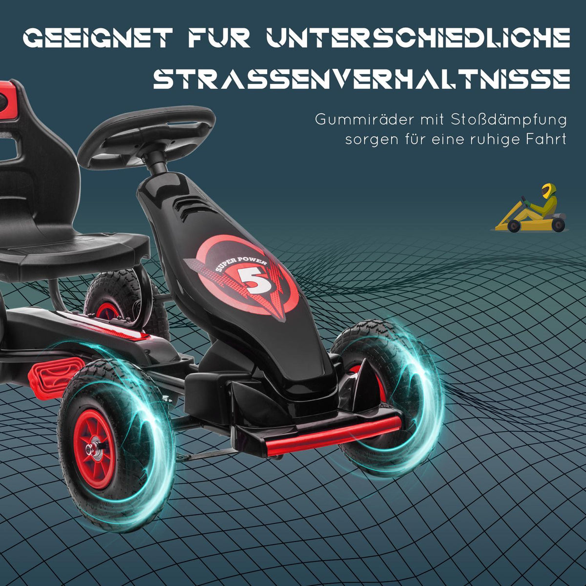 Go-kart, children's vehicle with adjustable seat, pedal vehicle with rubber tires, pedal, handbrake, for 5-12 years, outdoor, red + black