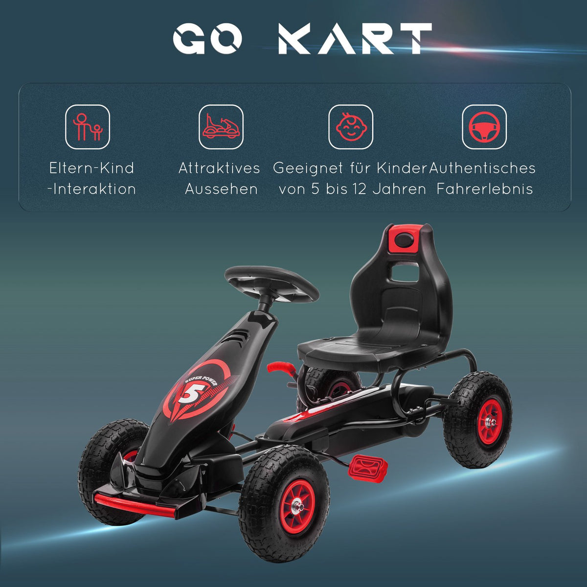 Go-kart, children's vehicle with adjustable seat, pedal vehicle with rubber tires, pedal, handbrake, for 5-12 years, outdoor, red + black