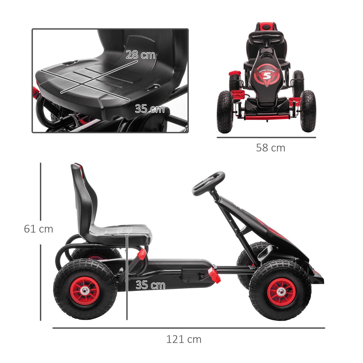 Go-kart, children's vehicle with adjustable seat, pedal vehicle with rubber tires, pedal, handbrake, for 5-12 years, outdoor, red + black