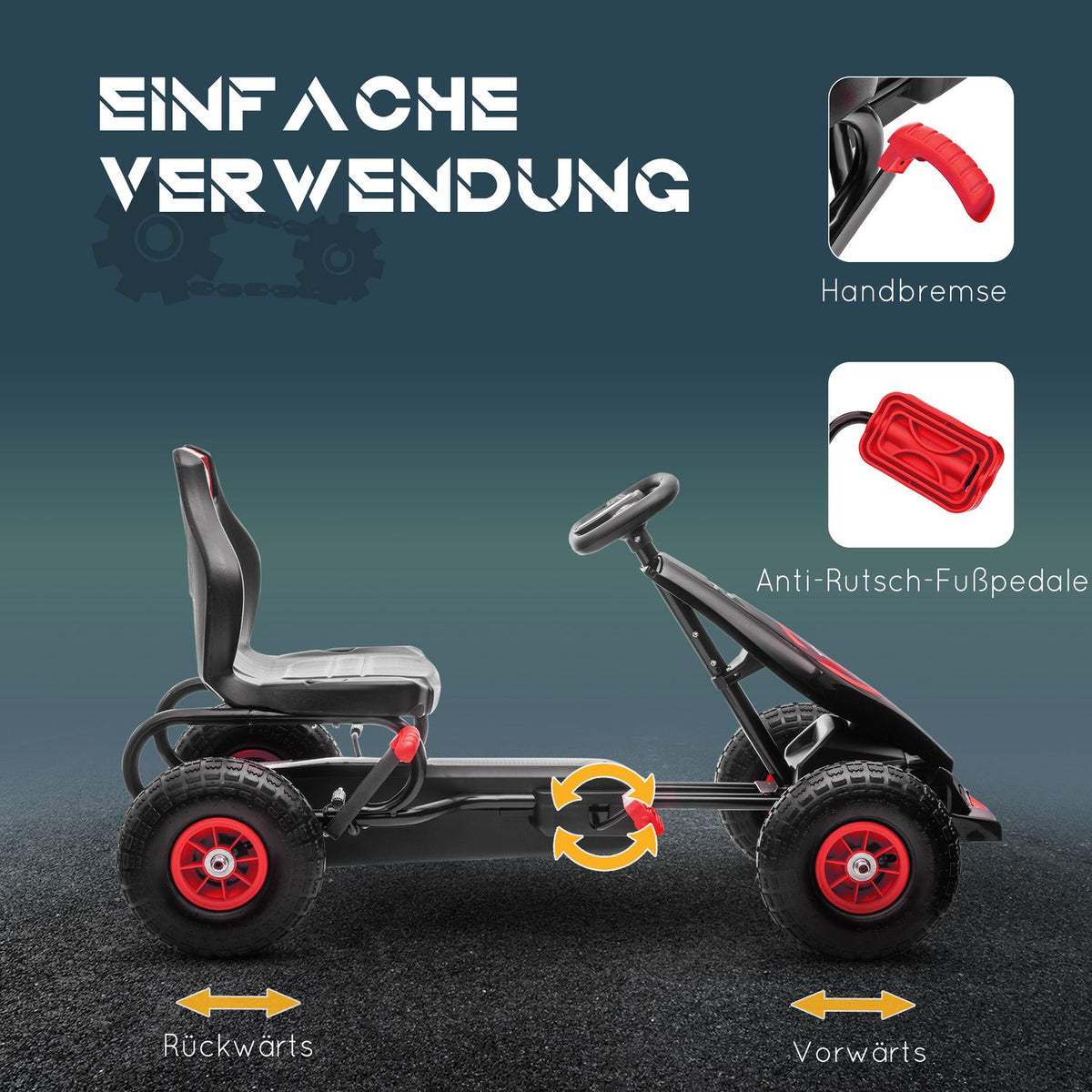 Go-kart, children's vehicle with adjustable seat, pedal vehicle with rubber tires, pedal, handbrake, for 5-12 years, outdoor, red + black