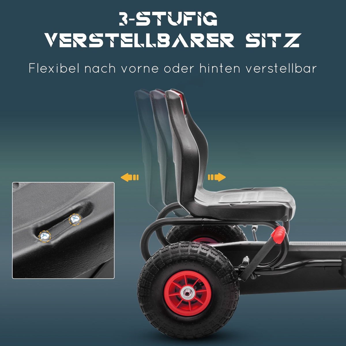 Go-kart, children's vehicle with adjustable seat, pedal vehicle with rubber tires, pedal, handbrake, for 5-12 years, outdoor, red + black