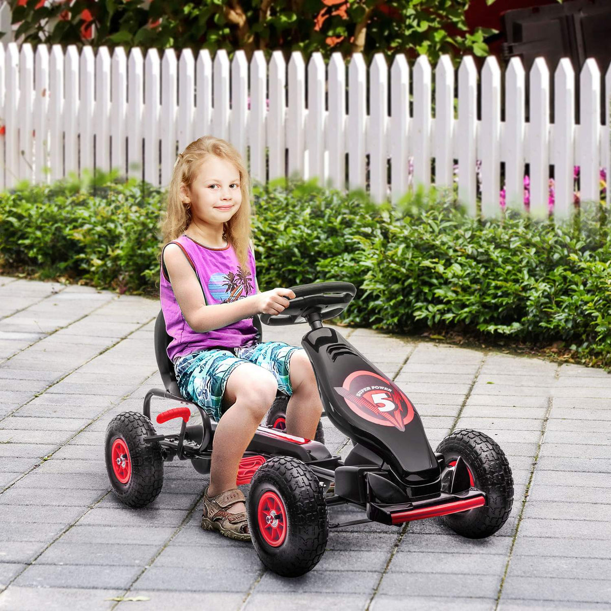 Go-kart, children's vehicle with adjustable seat, pedal vehicle with rubber tires, pedal, handbrake, for 5-12 years, outdoor, red + black