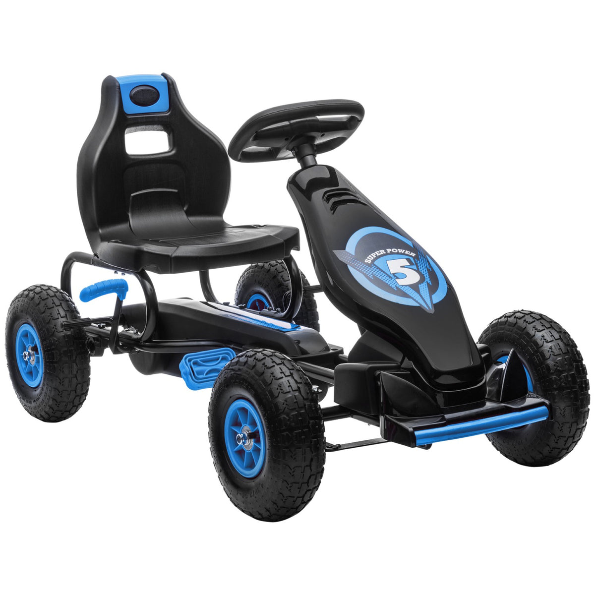 Go-kart children's vehicle with adjustable seat, rubber tires, pedal & handbrake, from 5 years, blue + black