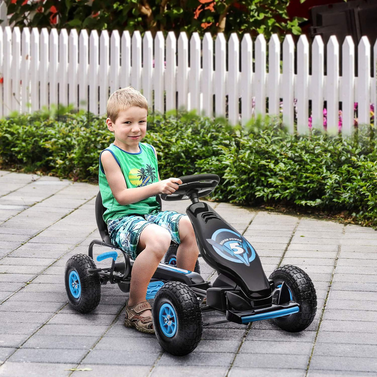 Go-kart children's vehicle with adjustable seat, rubber tires, pedal & handbrake, from 5 years, blue + black