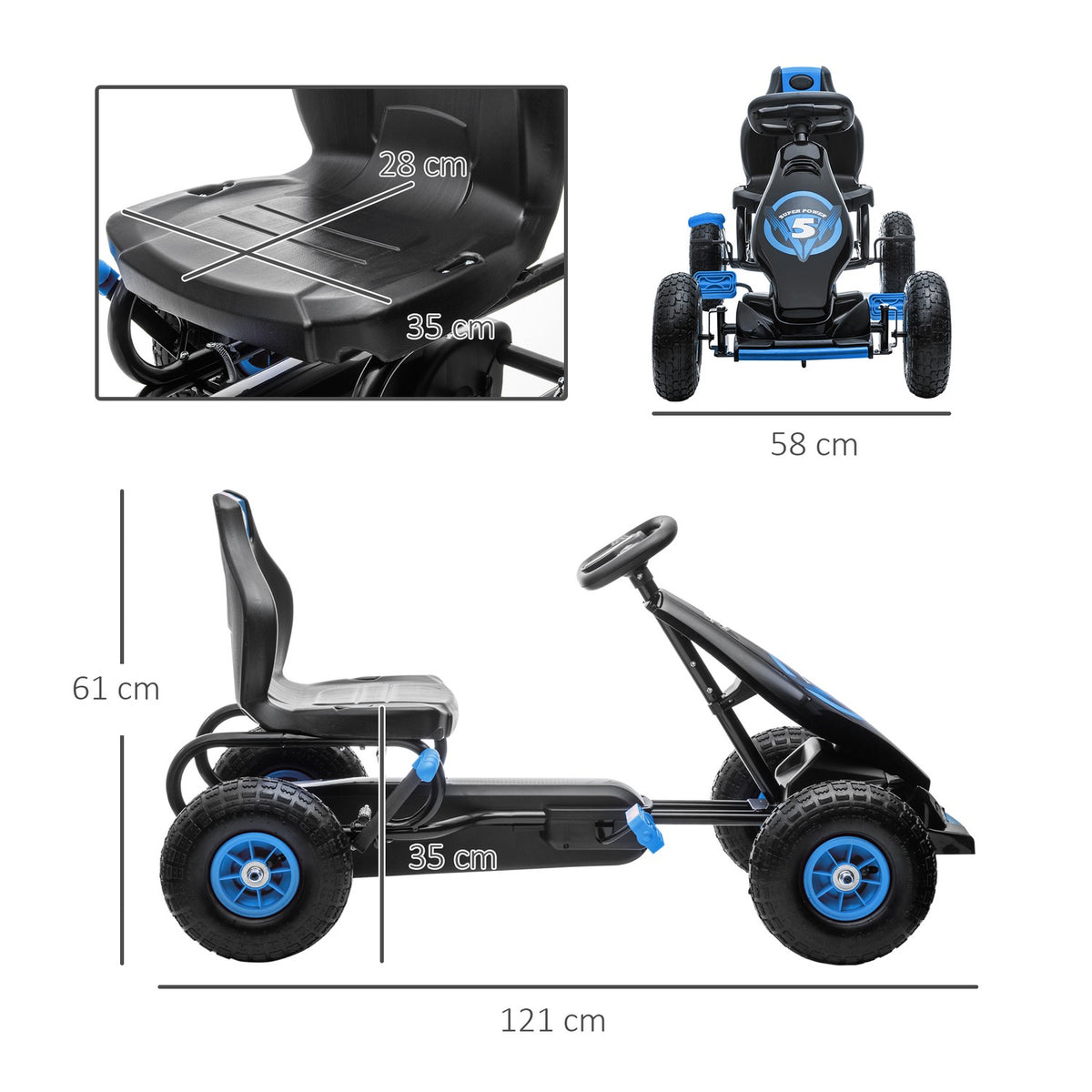 Go-kart children's vehicle with adjustable seat, rubber tires, pedal & handbrake, from 5 years, blue + black