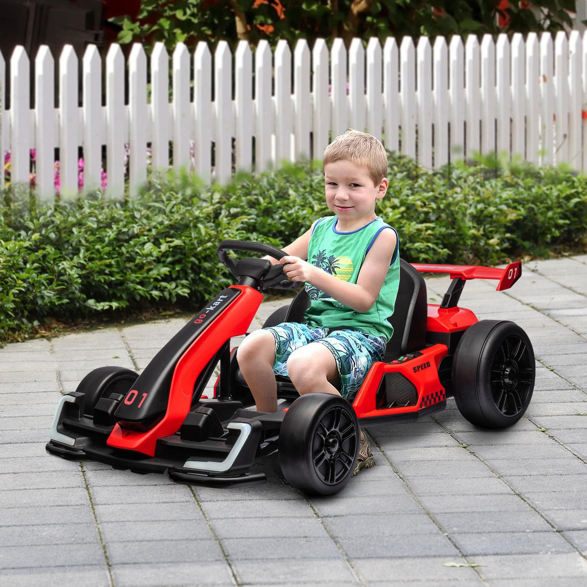 Go-kart for children, electric kart with horn and music function, adjustable seat, up to 12 km/h, plastic, metal, red