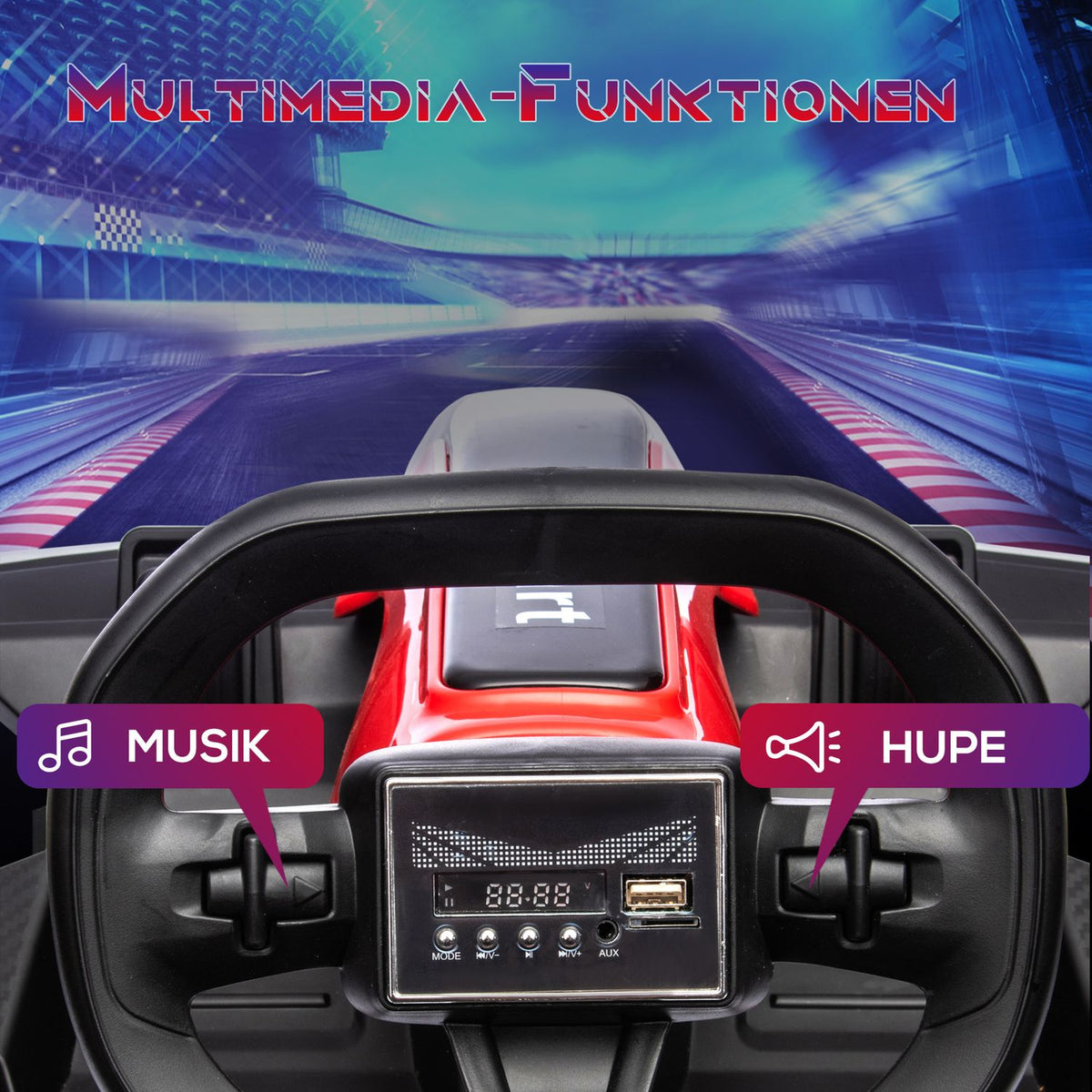 Go-kart for children, electric kart with horn and music function, adjustable seat, up to 12 km/h, plastic, metal, red