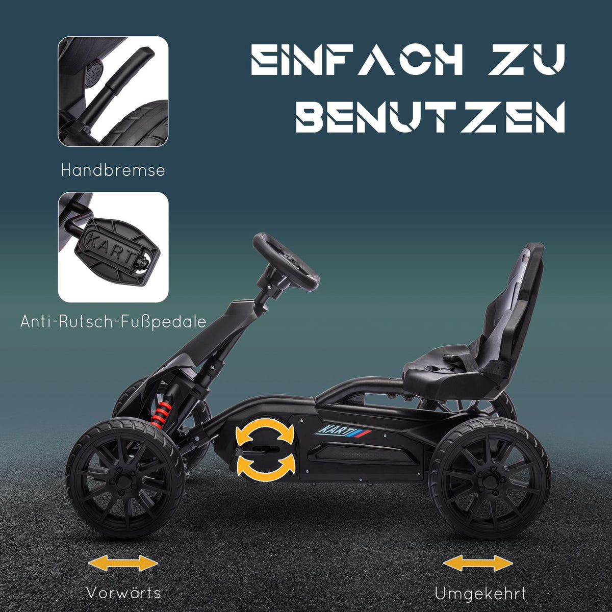 Go-kart pedal car with handbrake, adjustable seat, forward and reverse gear, pedal vehicle children's vehicle Kettcar for children 3-8 years black