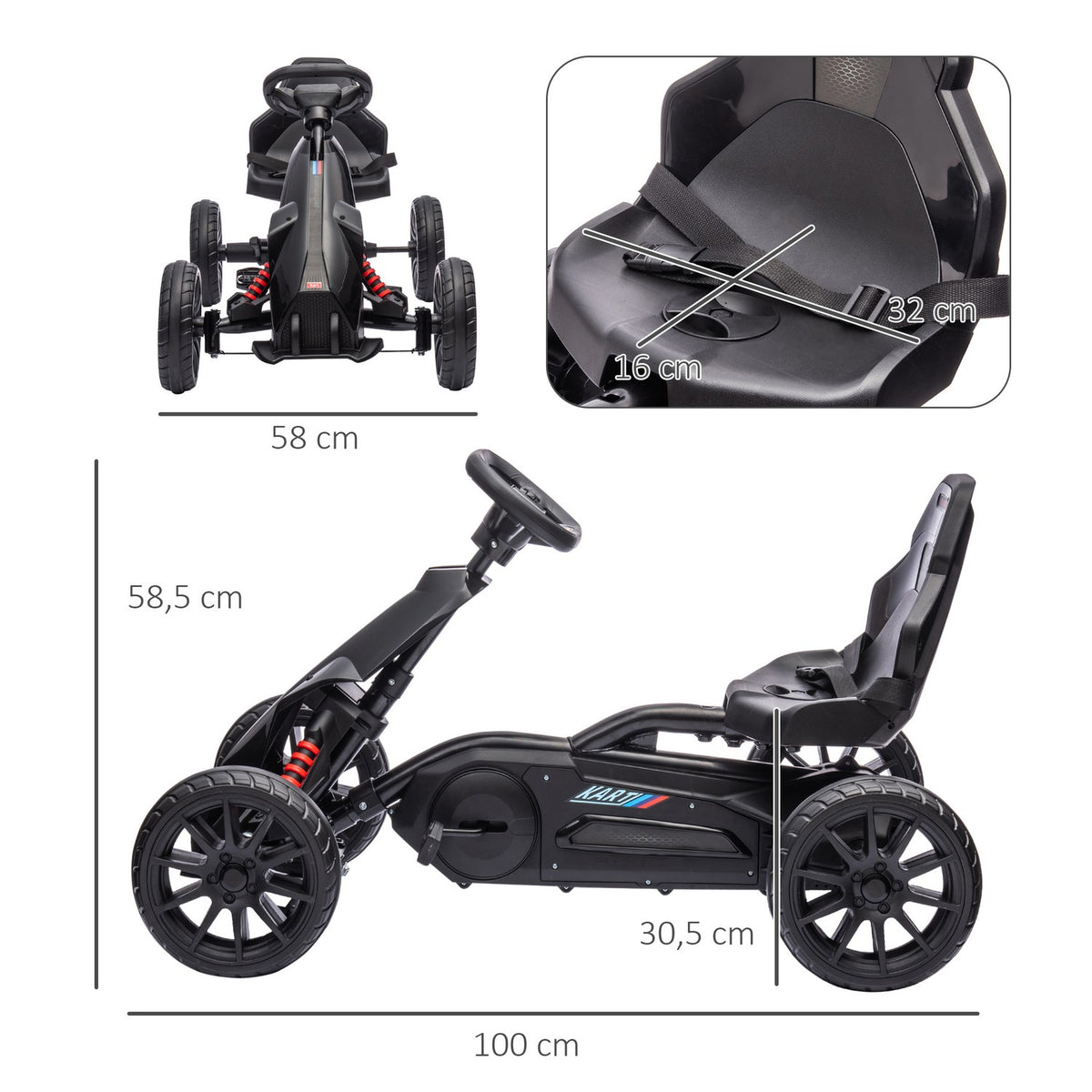 Go-kart pedal car with handbrake, adjustable seat, forward and reverse gear, pedal vehicle children's vehicle Kettcar for children 3-8 years black