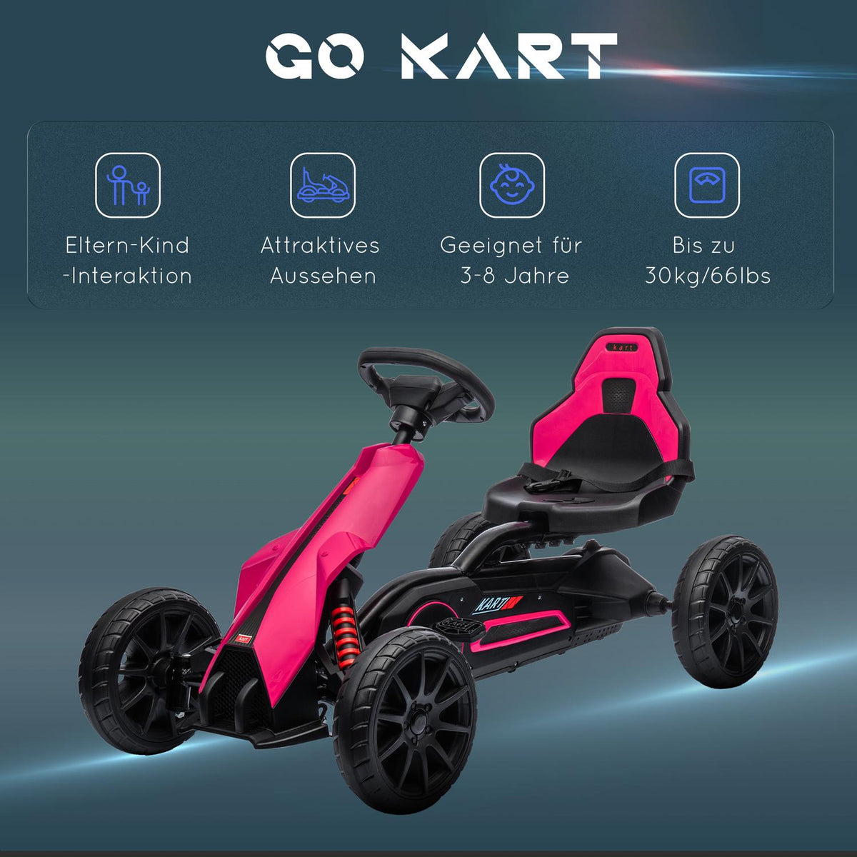Go-kart pedal car with handbrake, adjustable seat, forward and reverse gear, pedal vehicle children's vehicle Kettcar for children 3-8 years pink