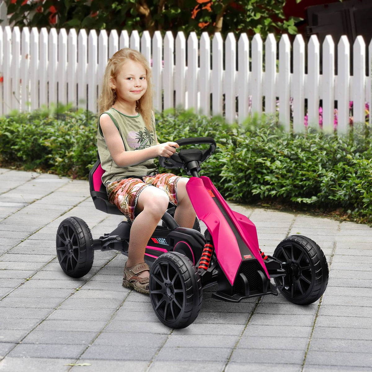 Go-kart pedal car with handbrake, adjustable seat, forward and reverse gear, pedal vehicle children's vehicle Kettcar for children 3-8 years pink