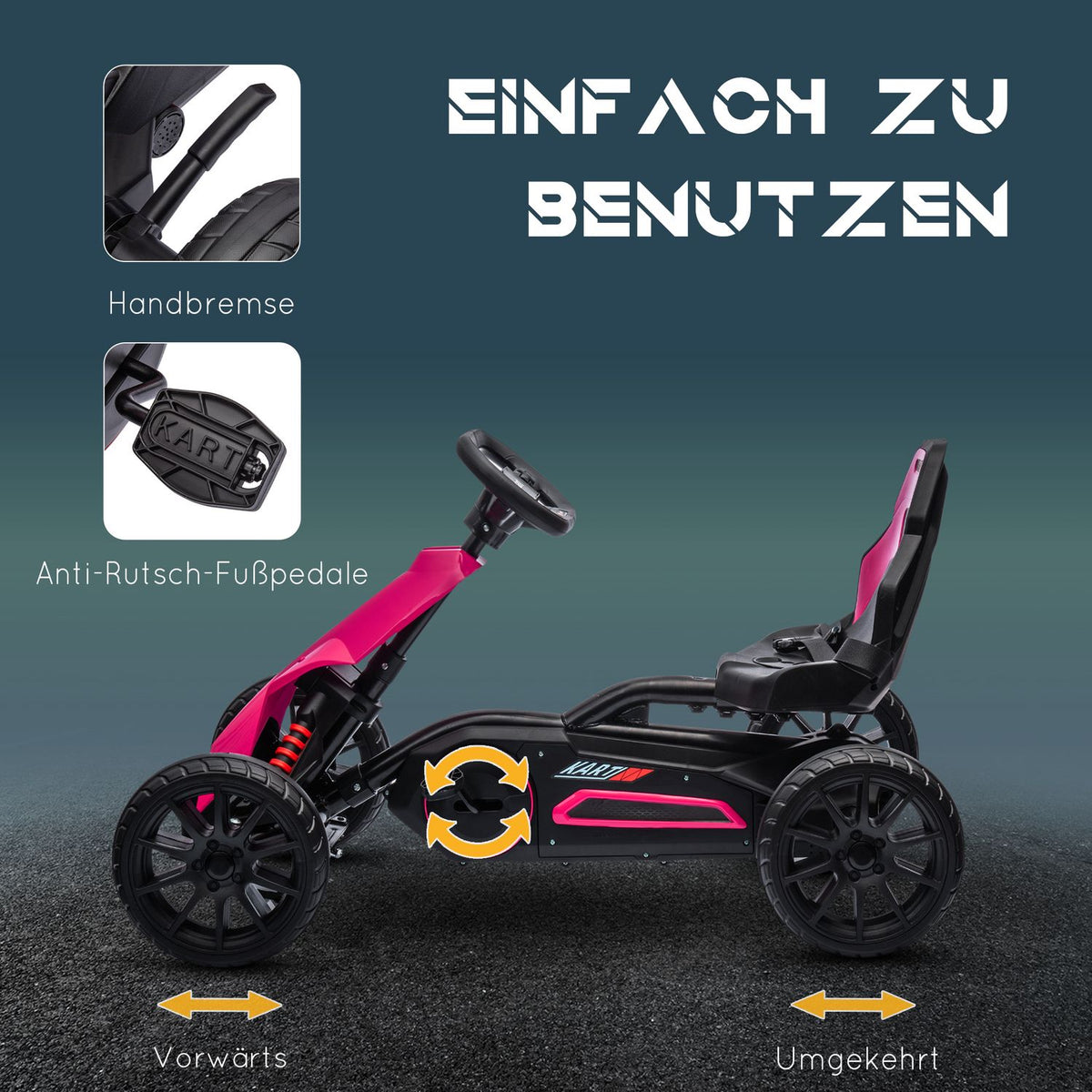 Go-kart pedal car with handbrake, adjustable seat, forward and reverse gear, pedal vehicle children's vehicle Kettcar for children 3-8 years pink