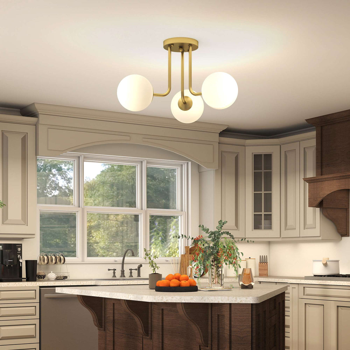 Gold Ceiling Light with Globe Shades, 3 G9 Sockets