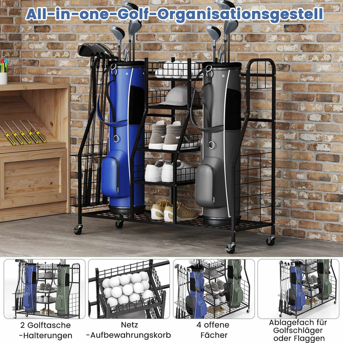 Golf Bag Organizer Rack with Wheels for 2 Bags, Black