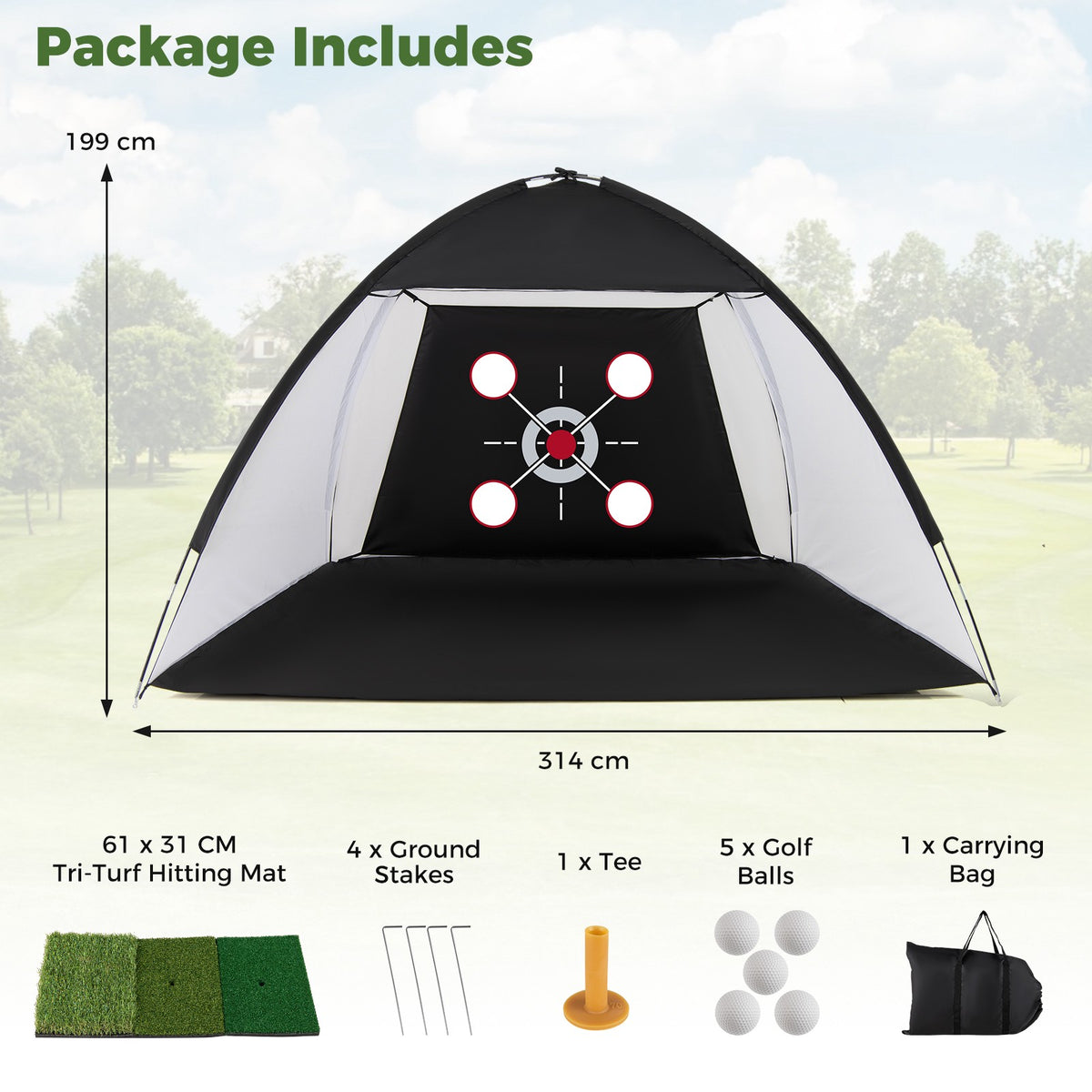 Golf Practice Net 314 x 179 x 199 cm with Tri-Turf Mat