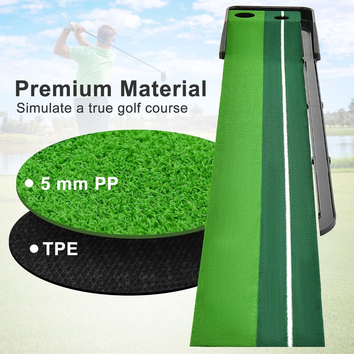 Golf Putting Mat 250 cm, Auto Ball Return, 2 Holes