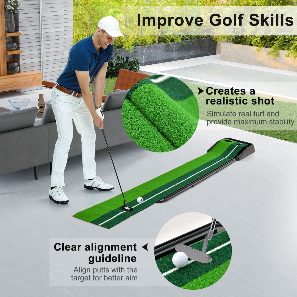 Golf Putting Mat 250 cm, Auto Ball Return, 2 Holes
