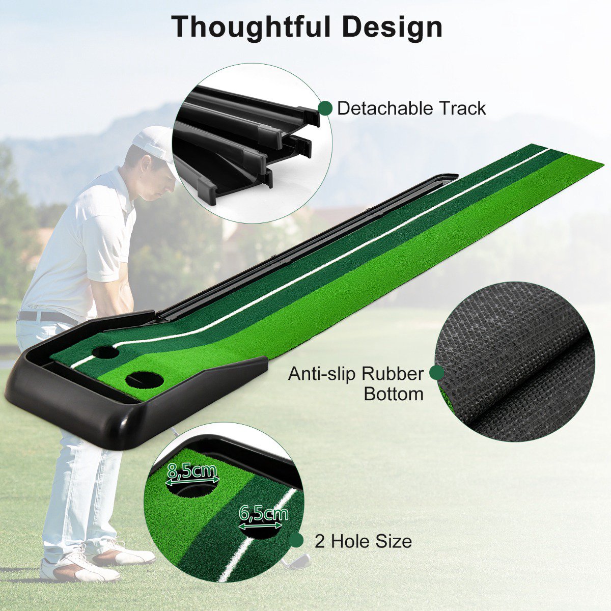 Golf Putting Mat 250 cm, Auto Ball Return, 2 Holes