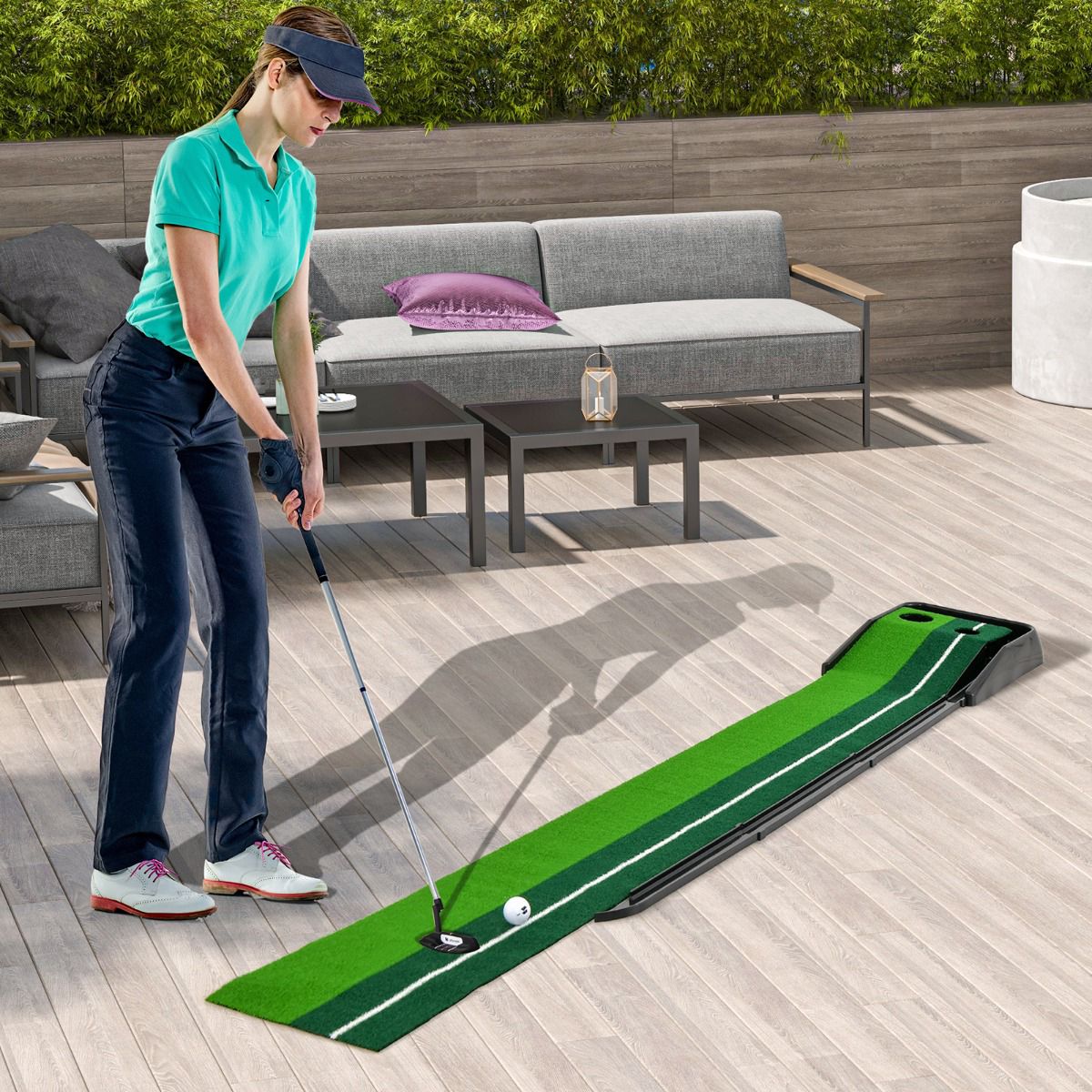 Golf Putting Mat 250 cm, Auto Ball Return, 2 Holes
