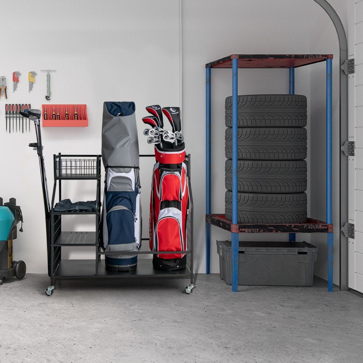 Golf bag stand for the garage cart for golf equipment golf bag rack with club holder