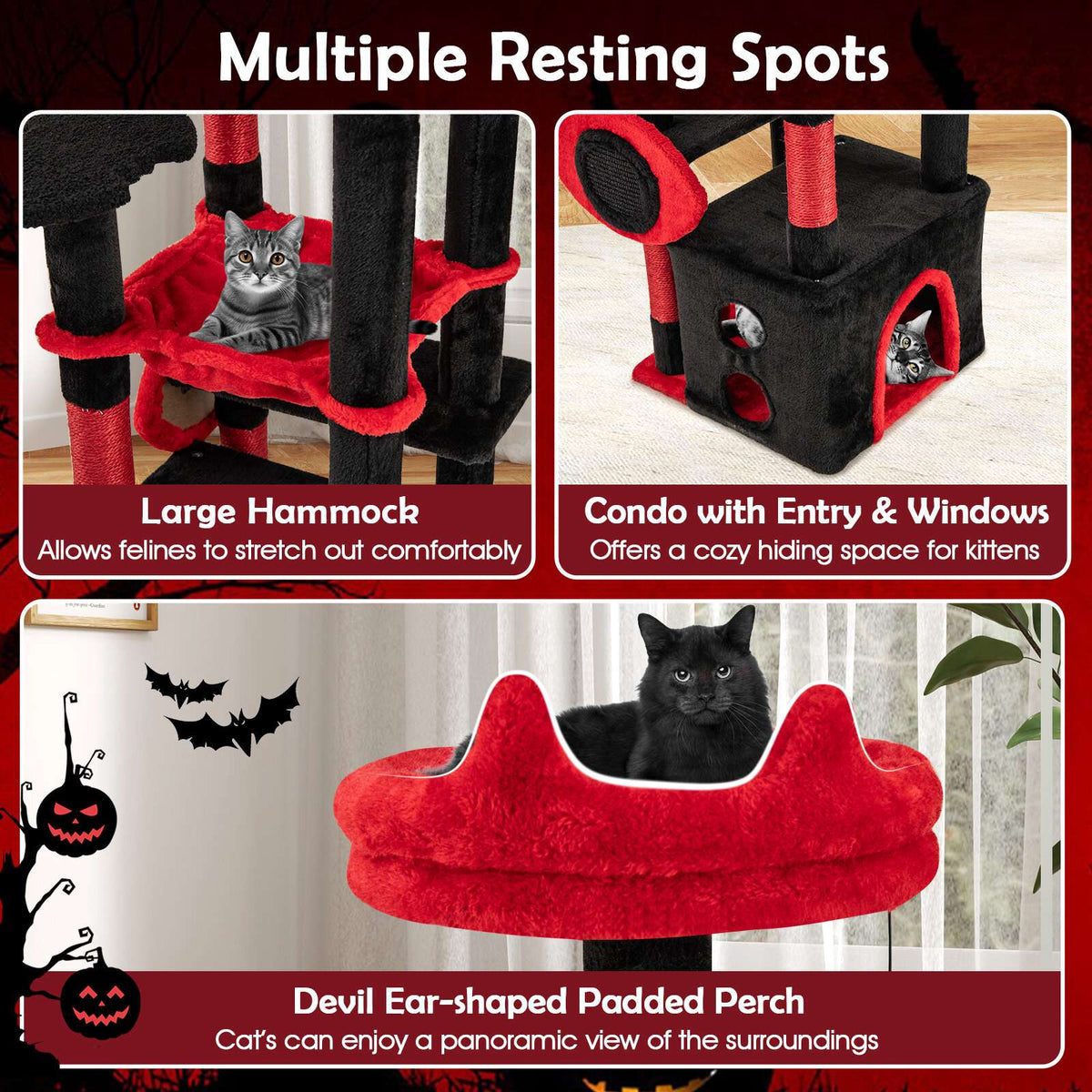Gothic Cat Tree with Plush Perch, Scratching Posts, Black & Red