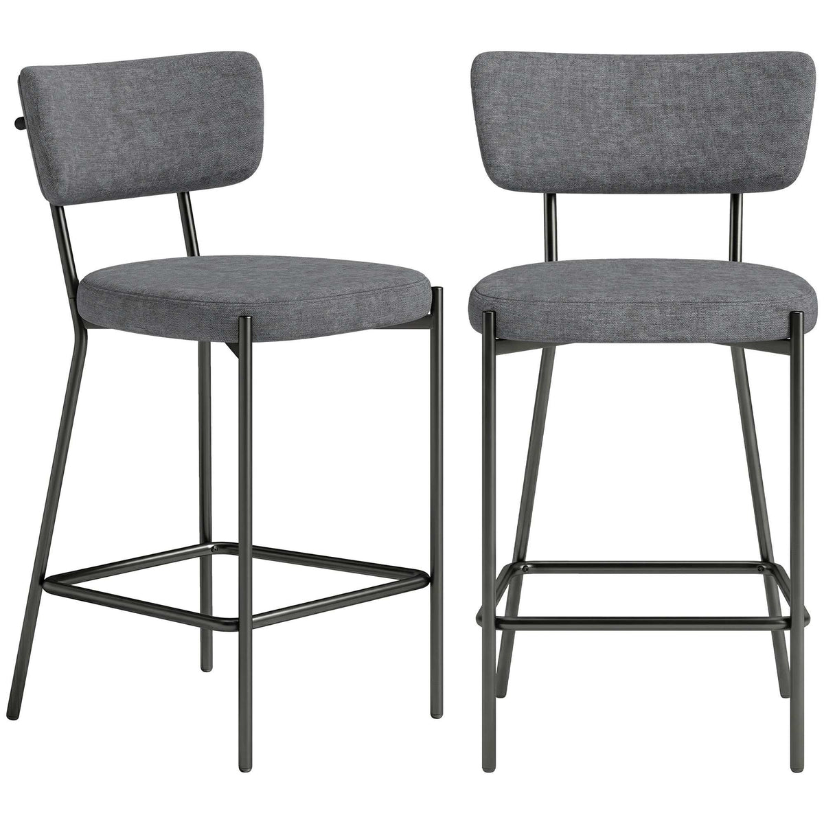 Gray Bar Stools Set of 2, Curved Back, Metal Frame
