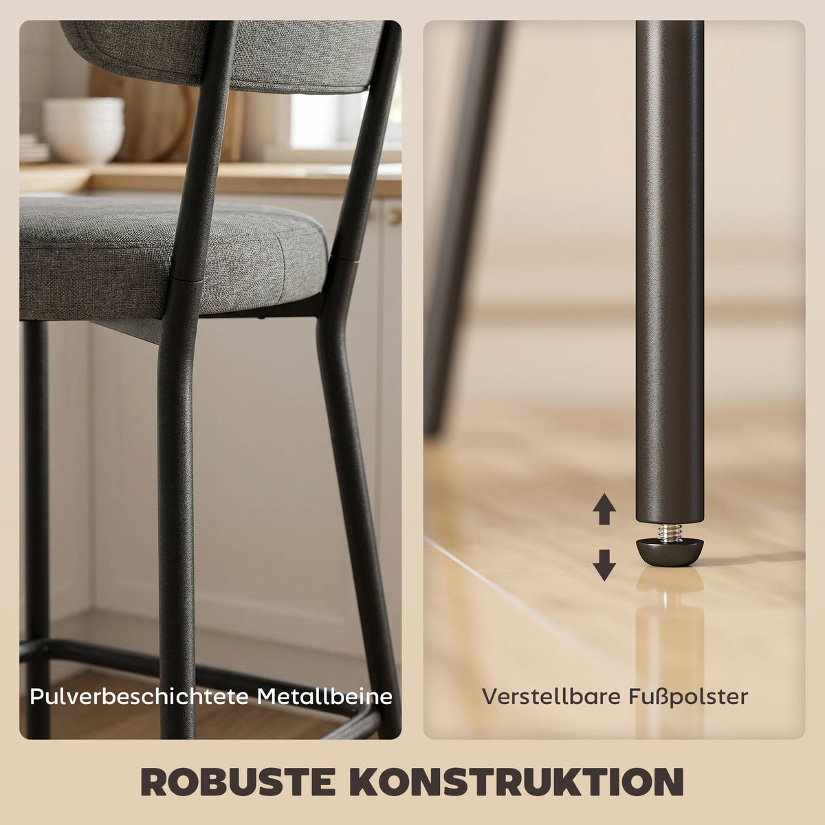 Gray Bar Stools Set of 2, Curved Back, Metal Frame