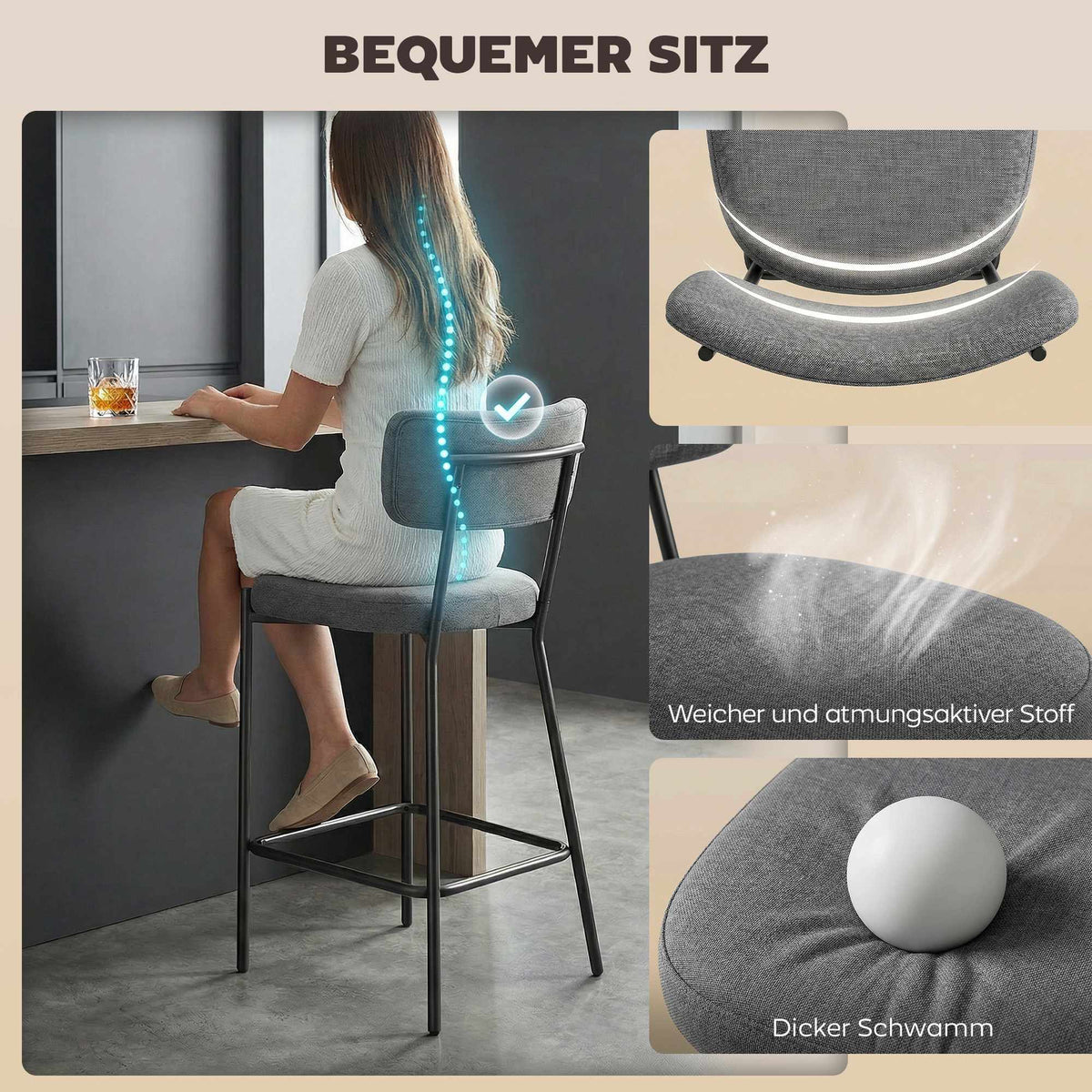 Gray Bar Stools Set of 2, Curved Back, Metal Frame