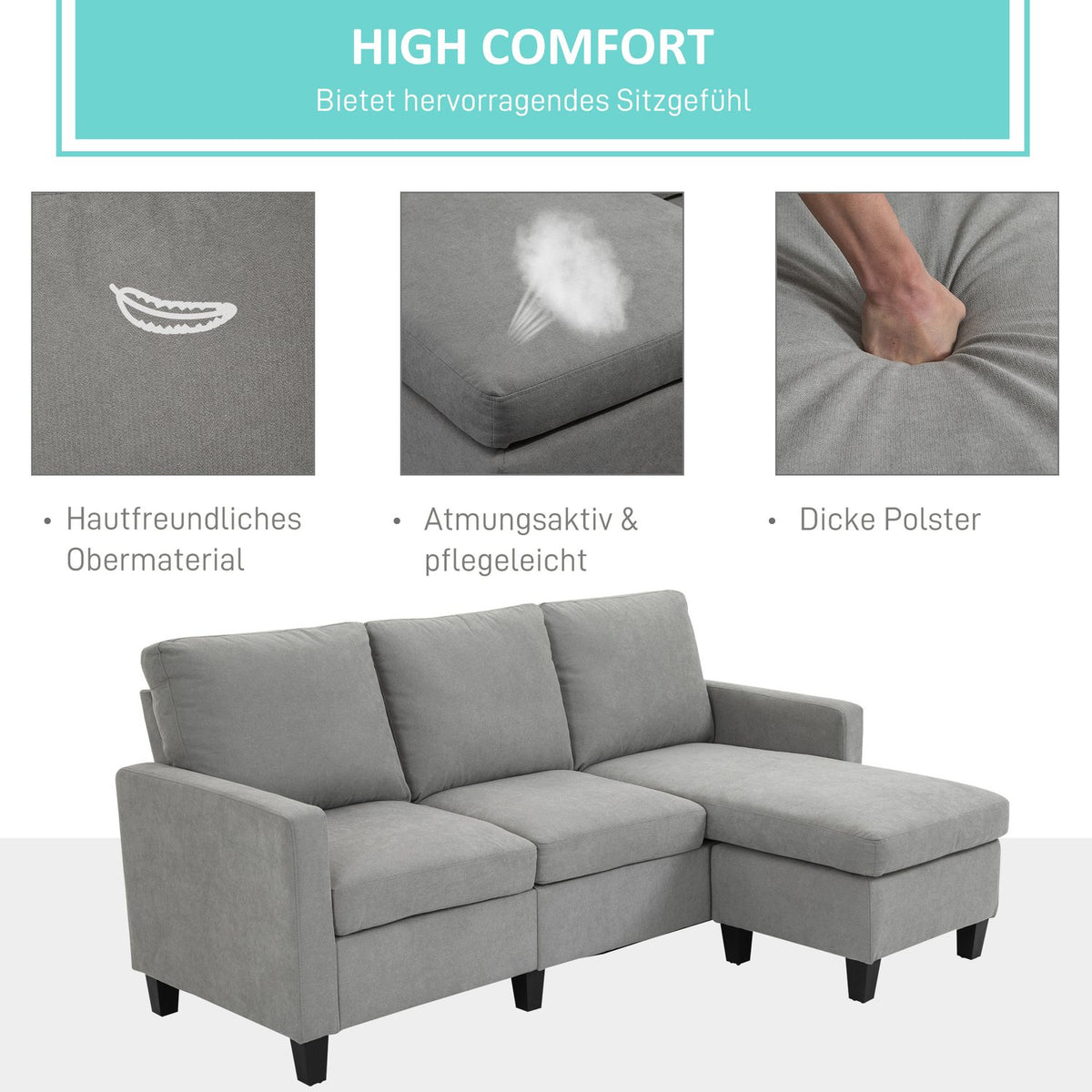 Gray Corner Sofa with Chaise, Polyester Upholstery