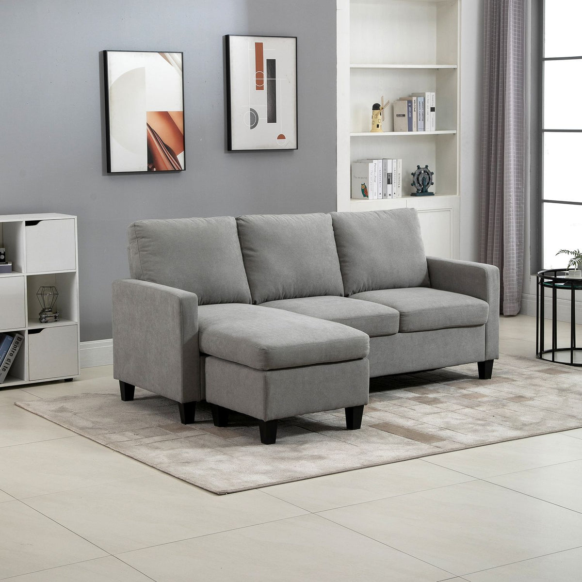 Gray Corner Sofa with Chaise, Polyester Upholstery
