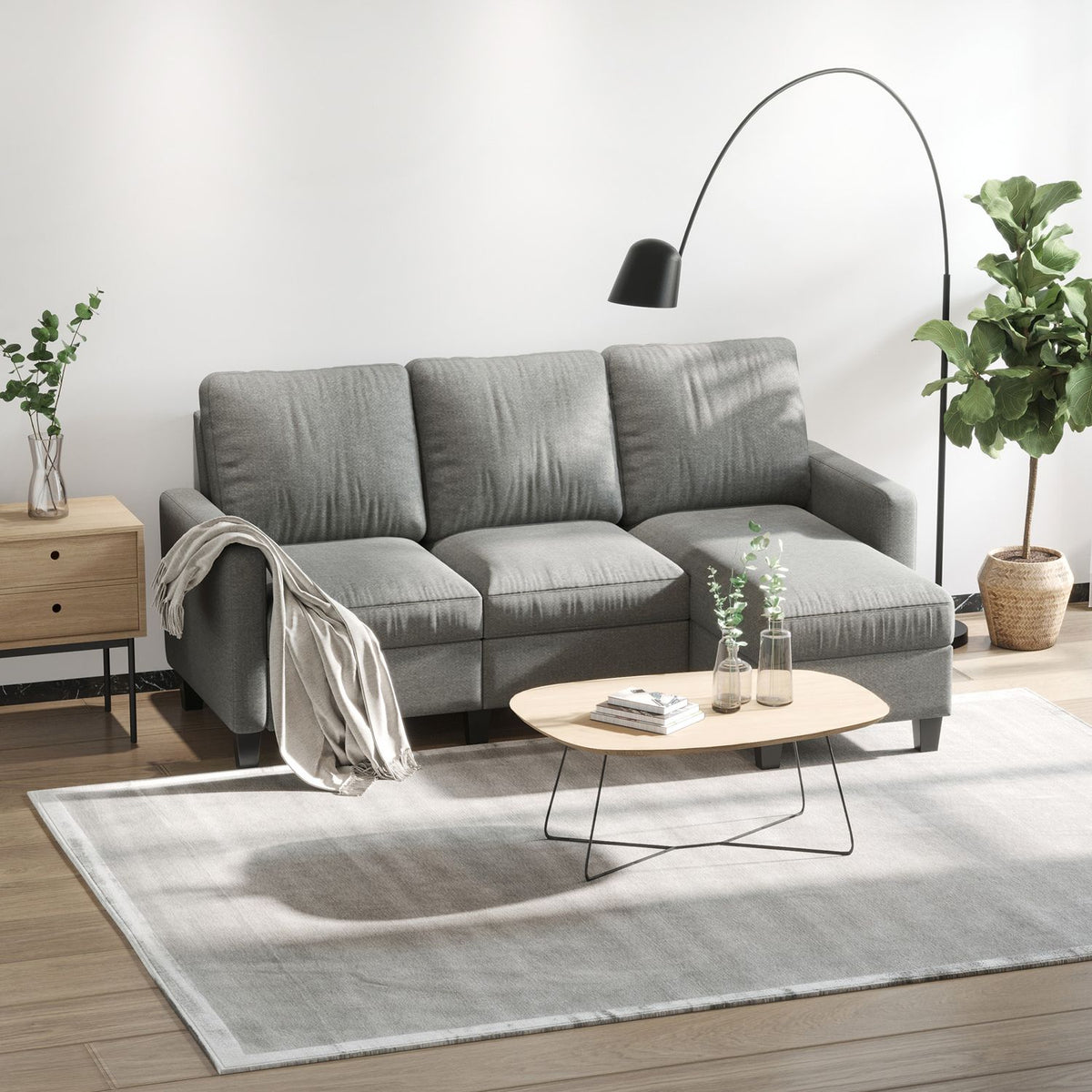 Gray Corner Sofa with Chaise, Polyester Upholstery